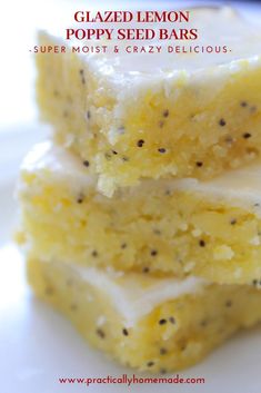 three glazed lemon poppy seed bars stacked on top of each other