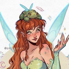 a fairy with red hair and green wings