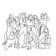 a black and white line drawing of people standing in a circle with their arms around each other