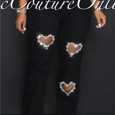 Cute Heart Rhinestone Cutout Black Jeans. High Rise, New Never Worn Design On Jeans, Cutout Jeans, Heart Jeans, Rhinestone Jeans, Heart Rhinestone, Size 10 Women, Stretchy Jeans, Cute Heart, Rhinestone Heart