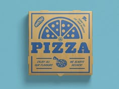 a pizza box on a blue background with the word pizza printed on it and an image of a slice of pizza