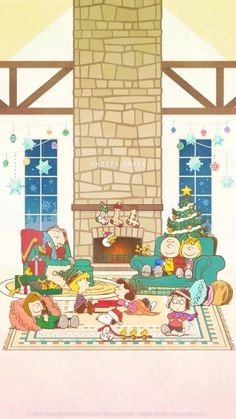 the family is relaxing in their living room by the fire place and christmas decorations on the floor