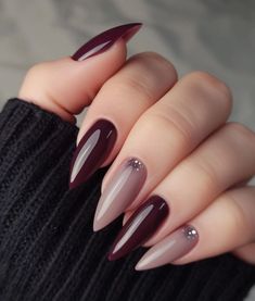 Maroon Rose Gold Nails, Deep Red Nails Designs Burgundy, Dark Red Nail Designs Burgundy, Almond Fall Acrylic Nails, Dark Magenta Nails, Fall Ombre Nails Burgundy, Dark Nails For Fall, Red Matte Nails Design, Nails Burgundy Design