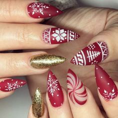 winter-nails-cute-designs-red-gold- white-glitter 7 Christmas Nail Designs - Festive nail art ideas - Allthestufficareabout Christmas Nail Designs, winter nails, Christmas nails, festive nails, acrylic nails, coffin nails, square nails, nail design, simple matte snowflake, shellac nail, nail nail design, classy nails, almond nails, round nails, short nails, long nails, burgundy nails, white nails, nail art, nail ideas, long nails, Opi nails, purple nails, gray nails, silver nails, gold nails, el Stiletto Nail Art, Elegant Nail Art, Snowflake Nails, Blue Nail, Ideas Nails, Winter Nail Designs