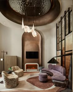 a living room with two chairs and a fireplace in the center, surrounded by art deco elements