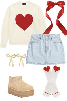 #heart #valentines #outfits Valentines Cute Outfits, School Outfits For Valentines Day, Valentines Outfits For Teens, Valentines Outfit For School, Valentines School Outfit, Valentines Sweater Outfit, Valentines Day Outfits Teen Girl, Valentines Outfits School, Boots And Hearts Outfits