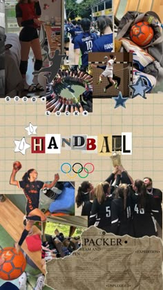 a collage of photos with the words handball written in large letters and pictures of athletes