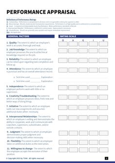 the performance appraisal form is shown in black and white, with blue accents