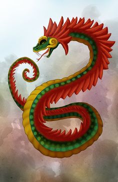 a red and green dragon flying in the sky with its tail curled up to it's mouth