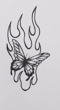 a drawing of a butterfly with flames coming out of it