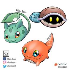 three different types of pokemons with yellow eyes and green ears, one is an orange fish