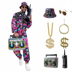 PRICES MAY VARY. 【80s Outfit for Men Include】We have two style sets for you to choose from. The 9Pcs/set includes: 1 * Jacket+1 * pant+1 * hat+1 * sunglass+1 * ring+1 * necklace+1 * bracelet+1 * inflatable radio+1 * inflatable cellular phone. Adequate accessories can meet your different needs. Very a complete clothing set to make you stand out from the crowd. 【90s Outfit for Men Design】The 80s and 90s Outfit for men features advanced 3D digital printing technology, with clear and funny printing Retro Day Outfits, Mens 80s Outfit, Mens 90s Outfits, 80s Outfit For Men, 90s Tracksuit, 90s Disco, Retro Tracksuit, Dance Costumes Hip Hop, Hip Hop Costumes