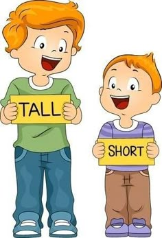 two boys holding up signs that say tall and short, with the words tall on them