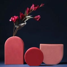 a pink vase with flowers in it next to a red object