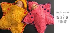 two crocheted baby stars are laying next to each other