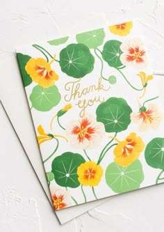 A nasturtium printed greeting card with text reading Thank you. Thank You Card, Floral Card Design, Flower Greeting Cards, Council Bluffs Iowa, Tulip Drawing, Handmade Greeting Card Designs, Greeting Card Inspiration, Floral Cards Design, Greeting Card Art