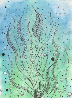 watercolor and ink on paper with bubbles and plants