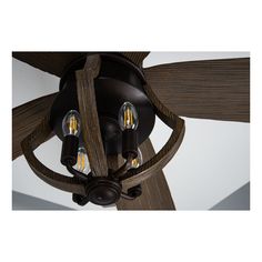 a ceiling fan with three light bulbs on it's side and wood trim around the blades