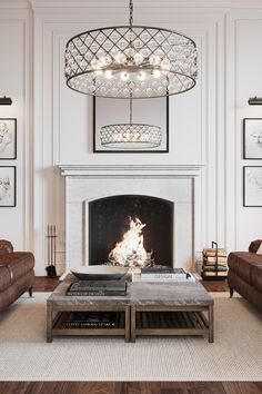 a living room with couches and a fire place in the middle of the room