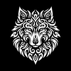 the head of a wolf with decorative patterns on it's face, black background