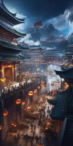 Fictional World Art, Fantasy Asian Landscape, Fantasy Chinese City, Chinese City Art, Chinese Fantasy Art Landscape, Japanese Concept Art, Japanese City Art, Fantasy Shrine, Fantasy Japan