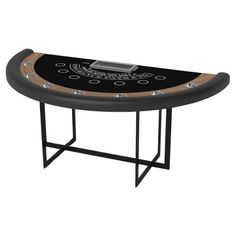 a black and brown poker table with an electronic device on it's top, in front of a white background