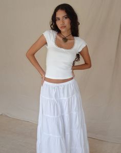 Off White Cap Sleeve Top | Bovillo – motelrocks-com-us White Skirt Outfits, Sleep Eye, Maxi Skirt Outfits, Rib Fabric, Lettuce Hem, Cap Sleeve Top, White Outfits, Looks Vintage, Rock Style