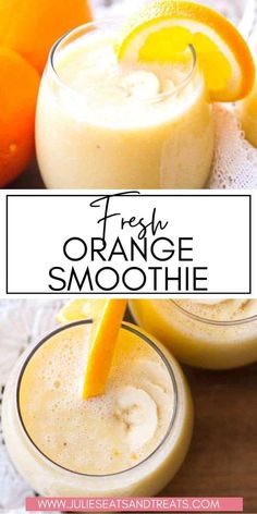 fresh orange smoothie in two glasses with an orange slice on the top and another glass filled with it