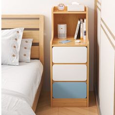 a bedroom with a bed, nightstand and night stand