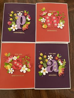 four greeting cards with flowers and the word w are on each card, which has an image of two letters that spell out love