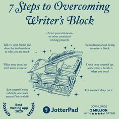 the steps to overcoming writer's block poster is shown in blue and white, with an