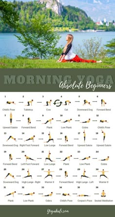 a woman doing yoga poses with the words morning yoga above her and below it is an image