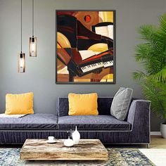 a living room with a couch, coffee table and painting on the wall above it