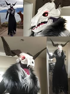 several photos of an animal mask with long horns and large fangs on it's face