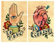 two tattoos with the words la favo and an image of a hand holding a heart