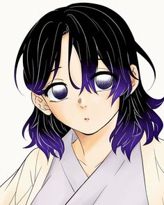 an anime character with purple hair and blue eyes is staring at the camera while wearing a white shirt