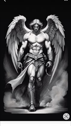 a drawing of an angel with wings on his chest and arms, standing in front of clouds