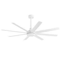 a white ceiling fan with four blades on it's blade and two light bulbs