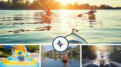 there are pictures of people in kayaks on the water and one is holding a paddle