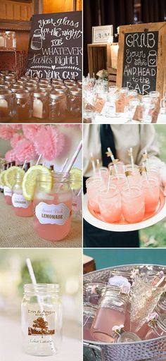 a collage of different drinks and food items on display at a wedding or bridal party