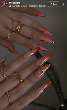 Nail Inspo Summer Almond, Stiletto Nails Designs, Nail Polish Set, Almond Acrylic Nails, Gel Nail Polish Set, Gel Liner, Orange Nails