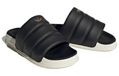 (WMNS) adidas Adilette Essential Slides 'Black Off White' FZ6162 Adidas Sporty Slides For Streetwear, Adidas Black Slides With Logo, Adidas Logo Synthetic Slides For Streetwear, Adidas Black Sporty Slides, Black Adidas Logo Slides, Black Adidas Slides With Logo, Sporty Black Adidas Slides, Sporty Adidas Slides With Logo, Casual Adidas Slides With Logo