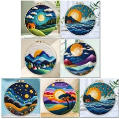 four different pictures of the same design on some embroidery hoop art work, each with an image of a sunset and mountains