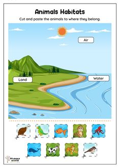 an animal habitat worksheet with animals in the water and land, including mountains