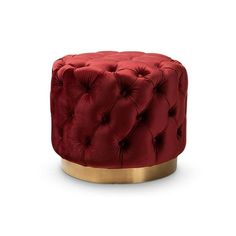 Valeria Glam Burgundy Red Velvet Fabric Upholstered Gold-Finished Button Tufted Ottoman Modern glamour meets comfort in the Valeria ottoman. Constructed from sturdy plywood and stainless steel, the Valeria is padded with foam and upholstered in a rich velvet fabric that is soft to the touch. A striking brushed-gold finish on the base adds a touch of luxury, while all-over button tufting highlights the subtle sheen of the velvet. Use this versatile piece as a footstool or as extra seating for gue Red Ottoman, Contemporary Ottoman, Red Velvet Fabric, Metal Foam, Velvet Ottoman, Tufted Ottoman, Gold Legs, Baxton Studio, Room Inspiration Bedroom