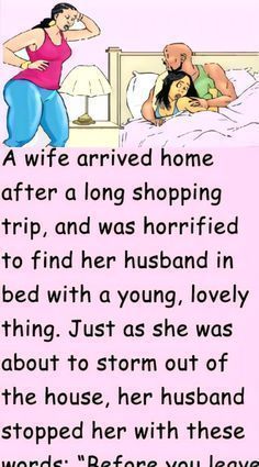 an image of a woman in bed with the caption'a wife arrived home after a long shopping trip, and was horrid to find her husband in bed with a young love