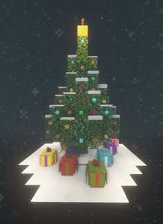 a christmas tree made out of lego blocks with presents around it and snowing on the ground