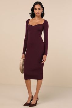 Head-to-Toe CozinessThe stretchy ribbed knit construction of this sweater dress ensures all-day comfort, while a sweetheart neckline and figure-flaunting bodycon silhouette create a flirty essence. Long sleeves and a midi hem complete the look. Fit: This garment fits true to size. Length: Mid-calf length. Size medium measures 43" from shoulder to hem. Bust: Great for any cup size. Waist: Fitted - stretchy fabric allows custom fit. Hip: Fitted - stretchy fabric allows room for hips. Undergarments Plum Outfit, Wedding Guest Dresses Long, Ribbed Bodycon Midi Dress, Casual Wedding Guest Dresses, Classic Black Dress, Purple Midi Dress, Perfect Little Black Dress, Bodycon Midi Dress, Ribbed Knit Dress