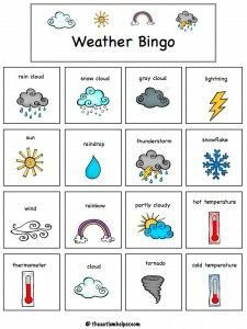 printable weather bingo game for kids to play in the rain, snow and thunder