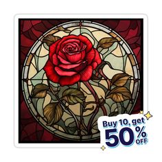 a red rose sitting in front of a stained glass window with the words buy 10 get 50 % off